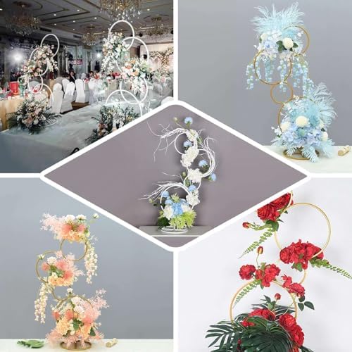 5ft Gold Hoop Pillar Flower Stand, Tall Metal Wedding Arch for Aisle Markers, Stage Backdrops and Modern Floral, alternate