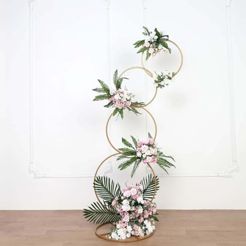 5ft Gold Hoop Pillar Flower Stand, Tall Metal Wedding Arch for Aisle Markers, Stage Backdrops and Modern Floral, alternate