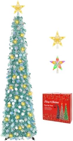 5FT Pop Up Christmas Tree with Lighted Top Star for Decorations, Aqua Blue in Aqua Blue