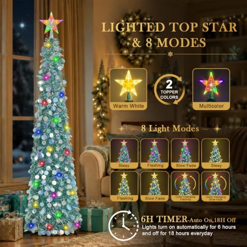 5FT Pop Up Christmas Tree with Lighted Top Star for Decorations, Aqua Blue in Aqua Blue, alternate view 2