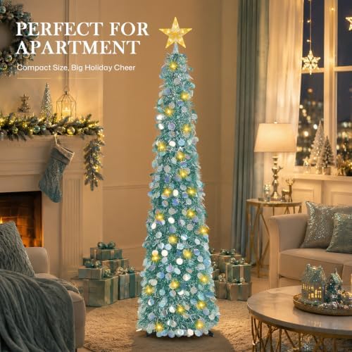 5FT Pop Up Christmas Tree with Lighted Top Star for Decorations, Aqua Blue in Aqua Blue, alternate view 3