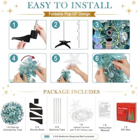 5FT Pop Up Christmas Tree with Lighted Top Star for Decorations, Aqua Blue in Aqua Blue, alternate view 4