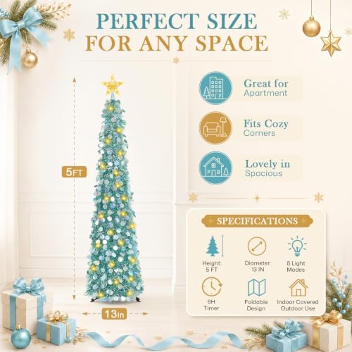 5FT Pop Up Christmas Tree with Lighted Top Star for Decorations, Aqua Blue in Aqua Blue, alternate view 5
