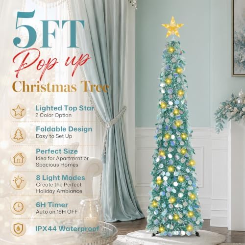 5FT Pop Up Christmas Tree with Lighted Top Star for Decorations, Aqua Blue in Aqua Blue, alternate view 6