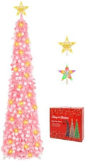 5FT Pop Up Christmas Tree with Lighted Top Star for Decorations, Pink in Light Pink