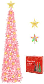 5FT Pop Up Christmas Tree with Lighted Top Star for Decorations, Pink in Light Pink