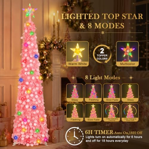 5FT Pop Up Christmas Tree with Lighted Top Star for Decorations, Pink in Light Pink, alternate view 2