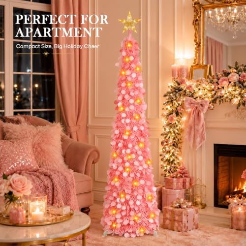 5FT Pop Up Christmas Tree with Lighted Top Star for Decorations, Pink in Light Pink, alternate view 3