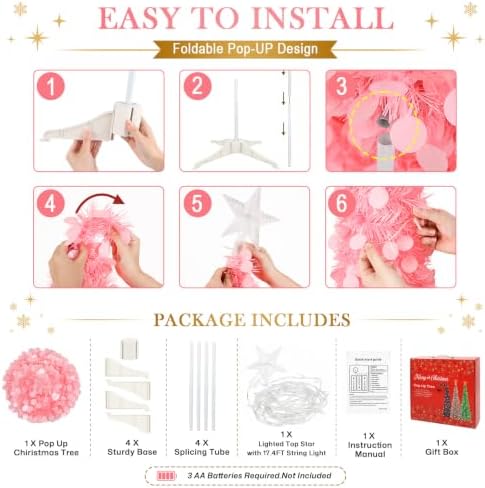 5FT Pop Up Christmas Tree with Lighted Top Star for Decorations, Pink in Light Pink, alternate view 4