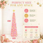5FT Pop Up Christmas Tree with Lighted Top Star for Decorations, Pink in Light Pink, alternate view 5