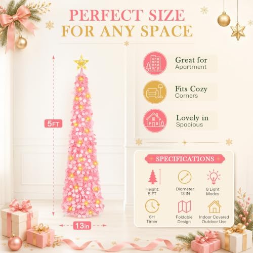 5FT Pop Up Christmas Tree with Lighted Top Star for Decorations, Pink in Light Pink, alternate view 5
