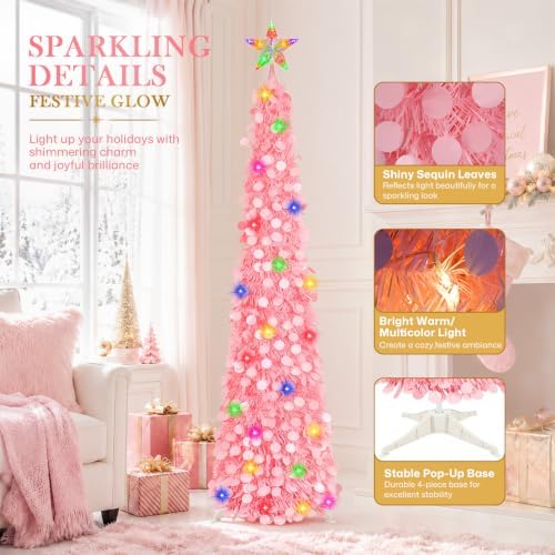 5FT Pop Up Christmas Tree with Lighted Top Star for Decorations, Pink in Light Pink, alternate view 6