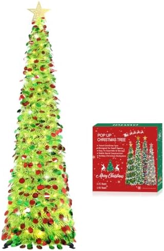 5FT Pop Up Christmas Tree with Timer Lights, Lime Green Tinsel Tree in Colorful Lime Green