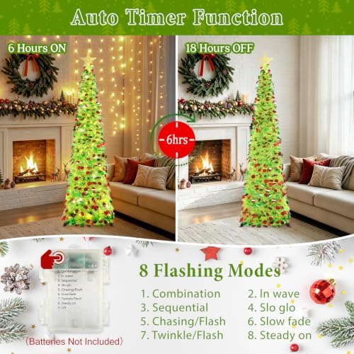 5FT Pop Up Christmas Tree with Timer Lights, Lime Green Tinsel Tree in Colorful Lime Green, alternate view 2