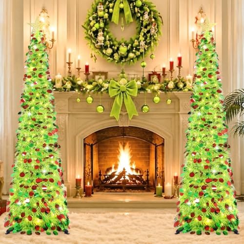 5FT Pop Up Christmas Tree with Timer Lights, Lime Green Tinsel Tree in Colorful Lime Green, alternate view 3