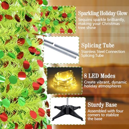 5FT Pop Up Christmas Tree with Timer Lights, Lime Green Tinsel Tree in Colorful Lime Green, alternate view 5