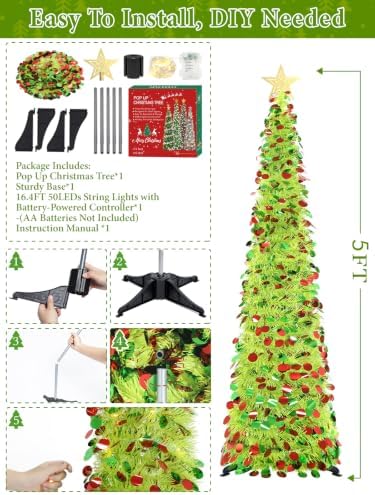 5FT Pop Up Christmas Tree with Timer Lights, Lime Green Tinsel Tree in Colorful Lime Green, alternate view 6