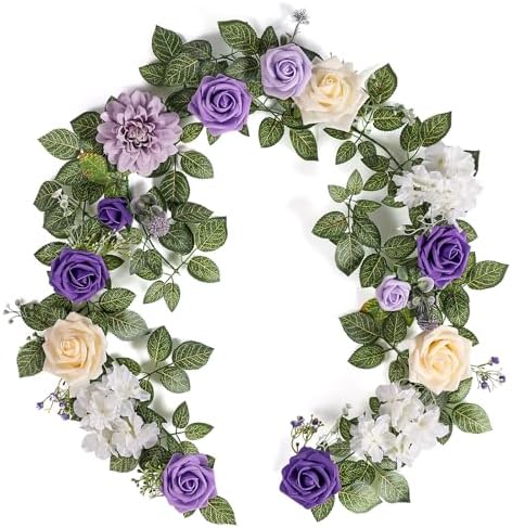 5FT Purple Artificial Flower Garland Rose Leaves for Wedding Arch in 1 in Purple & White