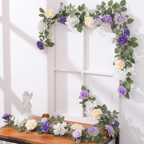 5FT Purple Artificial Flower Garland Rose Leaves for Wedding Arch in 1 in Purple & White, alternate view 2
