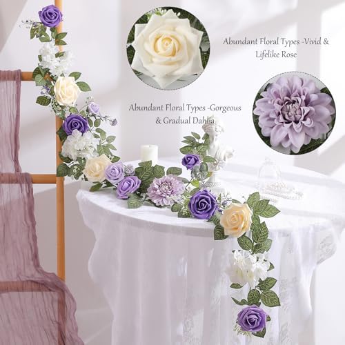 5FT Purple Artificial Flower Garland Rose Leaves for Wedding Arch in 1 in Purple & White, alternate view 3
