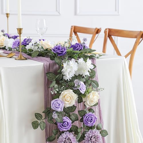 5FT Purple Artificial Flower Garland Rose Leaves for Wedding Arch in 1 in Purple & White, alternate view 5