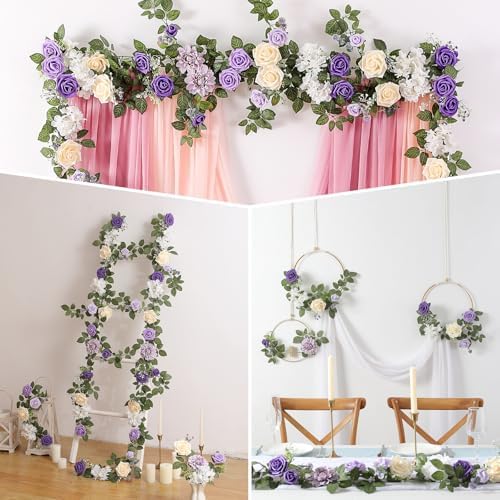 5FT Purple Artificial Flower Garland Rose Leaves for Wedding Arch in 1 in Purple & White, alternate view 6
