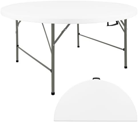 5FT Round Folding Table White Fold-in-Half with Carrying Handle Portable Plastic Table for Outdoor or Indoor