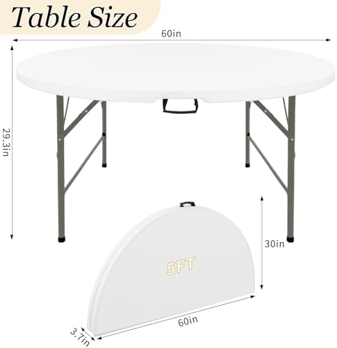 5FT Round Folding Table White Fold-in-Half with Carrying Handle Portable Plastic Table for Outdoor or Indoor, alternate view