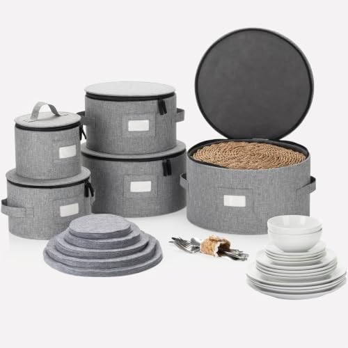 5PC China Storage Cases for Dinnerware - 13"-12"-10"-8.5" and 7" wide - 60 Plate Separators Included in Gray