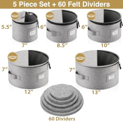 5PC China Storage Cases for Dinnerware - 13"-12"-10"-8.5" and 7" wide - 60 Plate Separators Included in Gray, alternate view