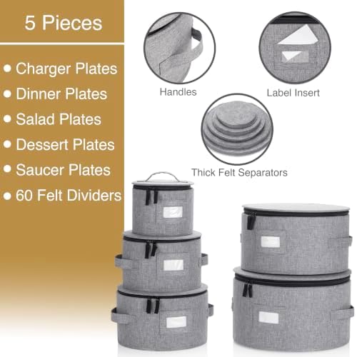 5PC China Storage Cases for Dinnerware - 13"-12"-10"-8.5" and 7" wide - 60 Plate Separators Included in Gray, alternate view