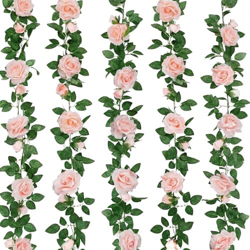 5Pcs 34FT Flower Garland Pink Artificial Rose Vine Wedding Home Decor