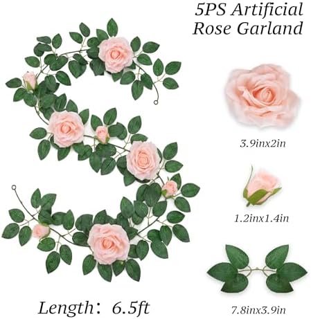 5Pcs 34FT Flower Garland Pink Artificial Rose Vine Wedding Home Decor, alternate view 3