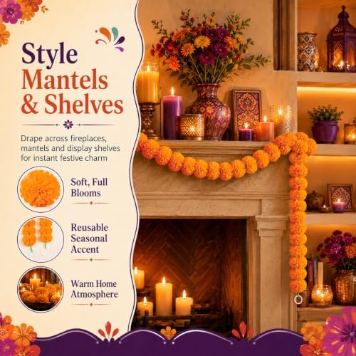 5PCS Artificial Marigold Garland - Light Orange Garlands for Decor, alternate view 2