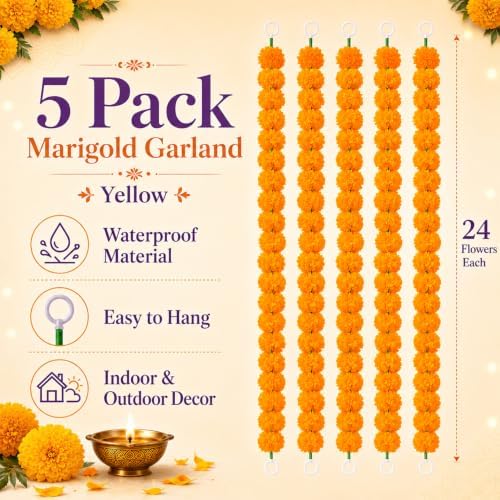 5PCS Artificial Marigold Garland - Light Orange Garlands for Decor, alternate view 6