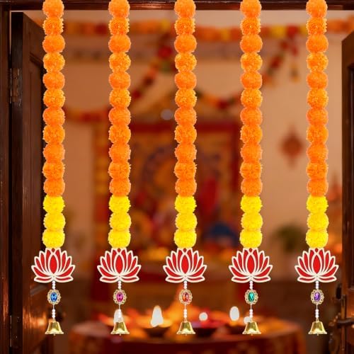 5PCS Artificial Marigold Garland with Lotus and Bell for Diwali Decoration