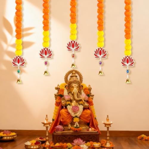 5PCS Artificial Marigold Garland with Lotus and Bell for Diwali Decoration, alternate view 4