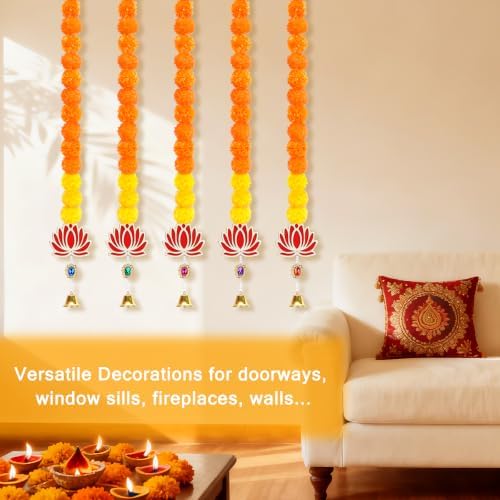 5PCS Artificial Marigold Garland with Lotus and Bell for Diwali Decoration, alternate view 6