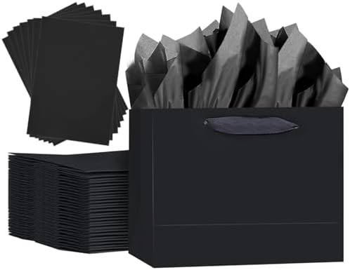 5PCS Black Gift Bags with Ribbon Handles 9.6"x7.9"x4.3" Medium Size Gift Bags (Tissue Paper included, Medium