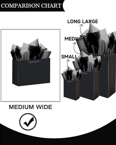 5PCS Black Gift Bags with Ribbon Handles 9.6"x7.9"x4.3" Medium Size Gift Bags (Tissue Paper included, Medium, alternate view