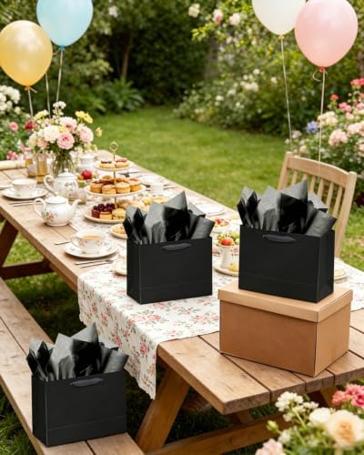 5PCS Black Gift Bags with Ribbon Handles 9.6"x7.9"x4.3" Medium Size Gift Bags (Tissue Paper included, Medium, alternate view