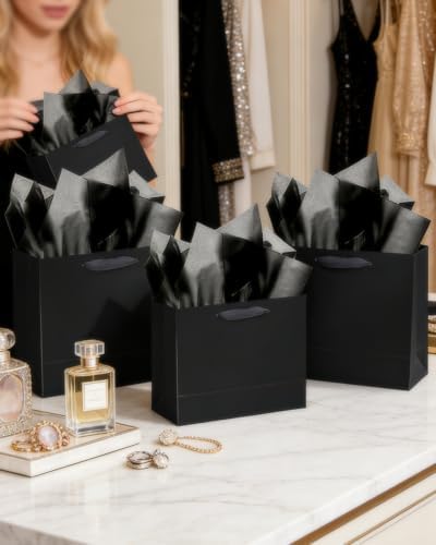 5PCS Black Gift Bags with Ribbon Handles 9.6"x7.9"x4.3" Medium Size Gift Bags (Tissue Paper included, Medium, alternate view