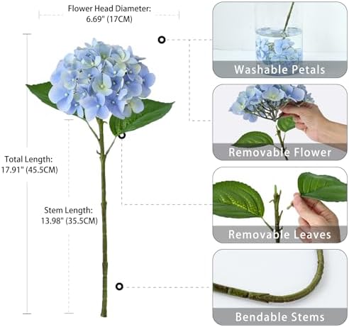 5PCS Blue Hydrangea Artificial Flowers, Real Touch Latex Faux, alternate view 6