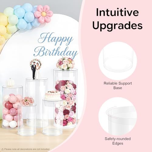5Pcs Clear Cylinder Pedestal Stands for Party & Cake Stand, Clear Acrylic Round Pedestal Display Stand Plinth, alternate view