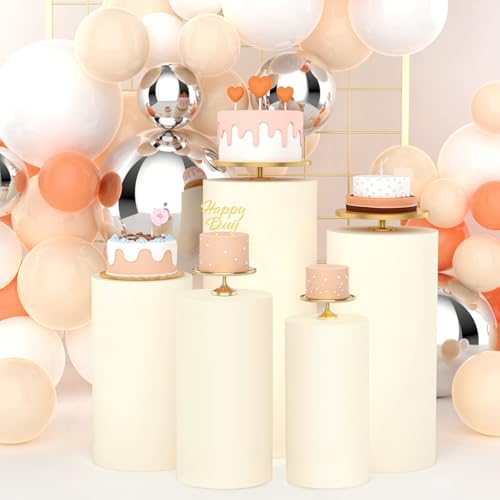 5pcs Cylinder Pedestal Covers for Birthday Party Decor, Beige in Beige