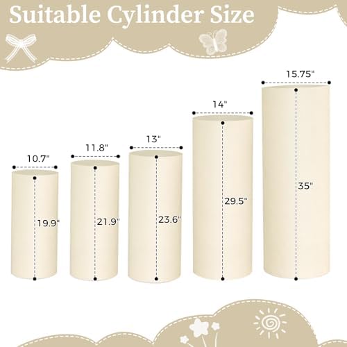 5pcs Cylinder Pedestal Covers for Birthday Party Decor, Beige in Beige, alternate view 2
