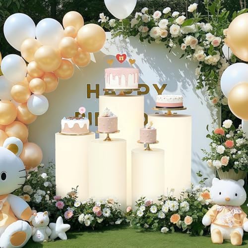 5pcs Cylinder Pedestal Covers for Birthday Party Decor, Beige in Beige, alternate view 4