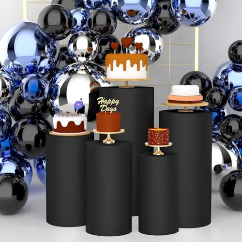 5pcs Cylinder Pedestal Covers for Birthday Party Decor, Black in Black