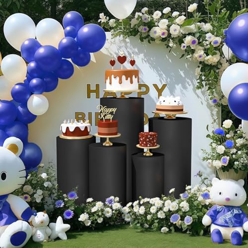 5pcs Cylinder Pedestal Covers for Birthday Party Decor, Black in Black, alternate view 4