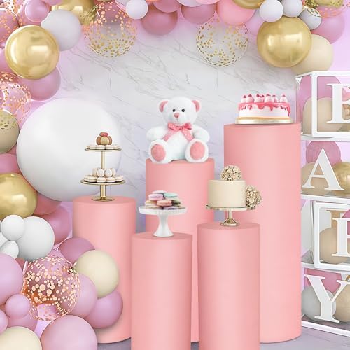 5pcs Cylinder Pedestal Covers for Birthday Party Decor, Dusty Pink in Dusty Pink, alternate view 3